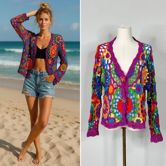 Vintage Sweaters - Vintage ‘80s Rainbow Floral Crochet Radial Rainbow Cardigan OSFM Boho Festival